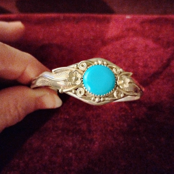 Native American Open Scroll Sterling Silver Cuff Bracelet with Round Turquoise - Picture 2 of 9